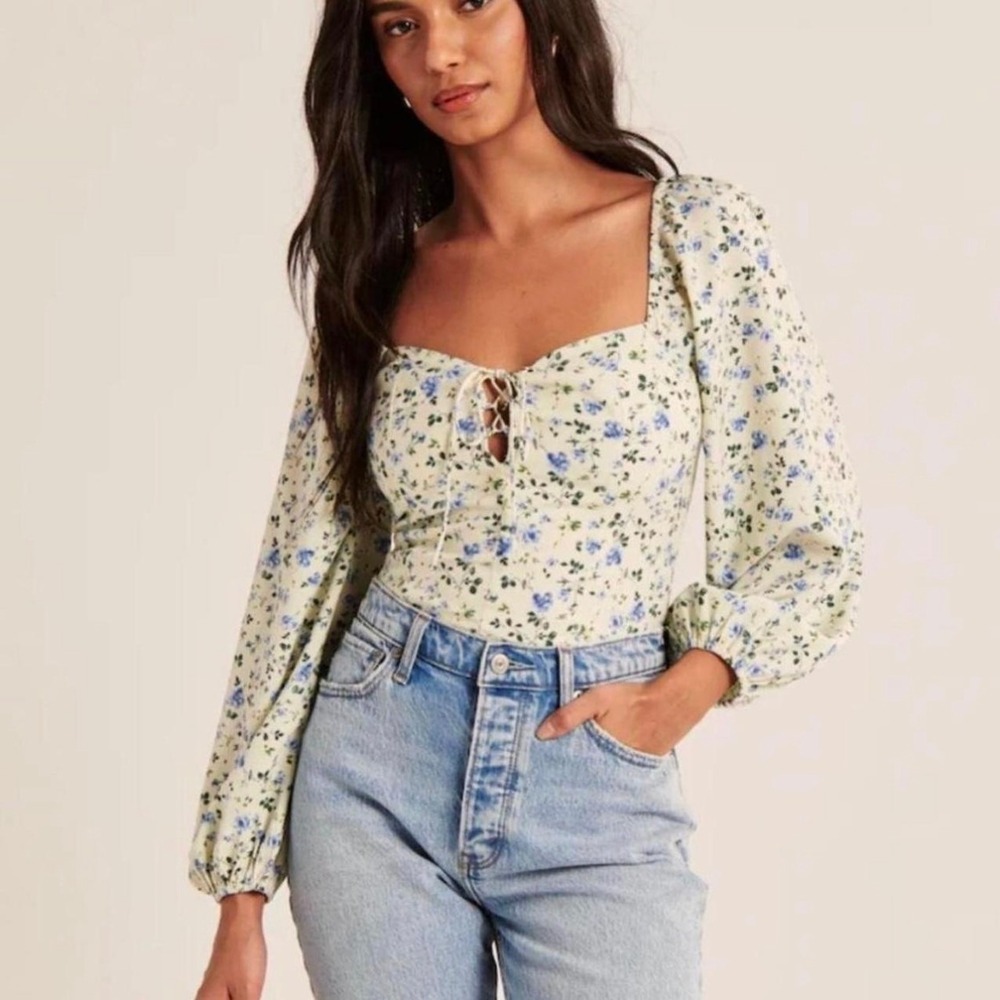 Abercrombie  Puff Sleeve Top Sz XXS Green Floral Tie Boho Cottagecore Sweetheart